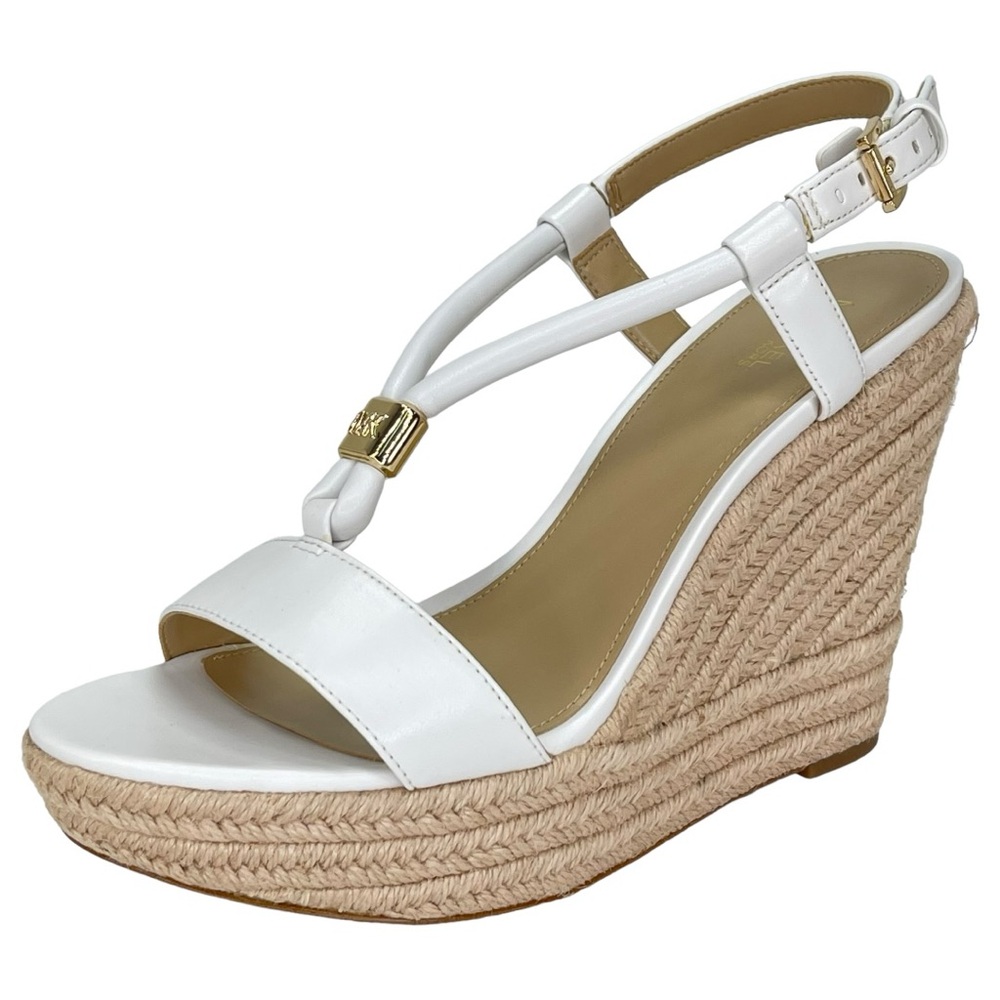 MICHAEL Michael Kors White Leather Espadrille Wedge Sandals with Gold Accent